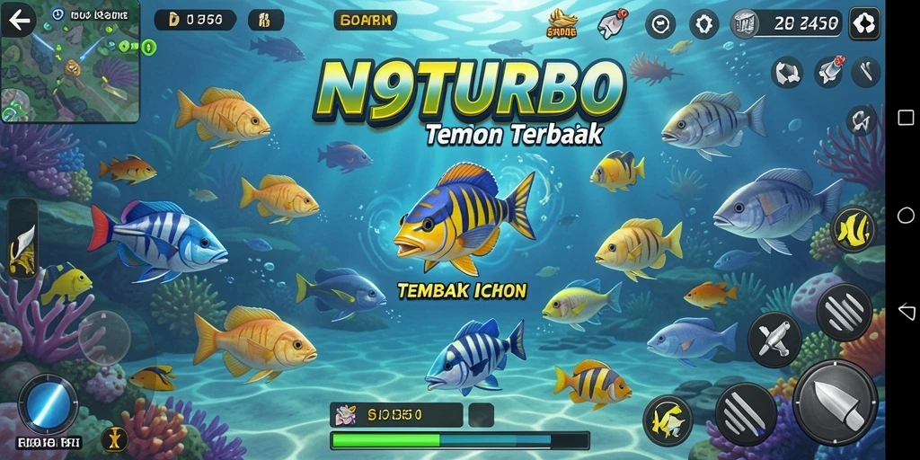 Tangkapan layar N9TURBO menampilkan aksi menembak ikan yang mendebarkan.